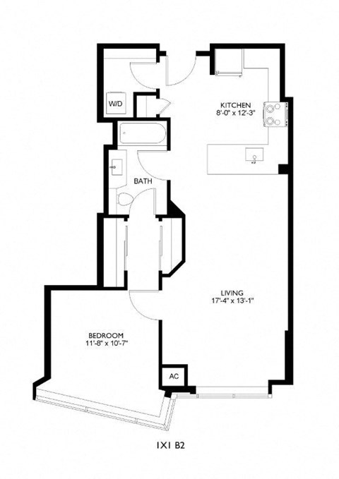 A floor plan of a home with a living room, kitchen, bathroom, and bedroom.